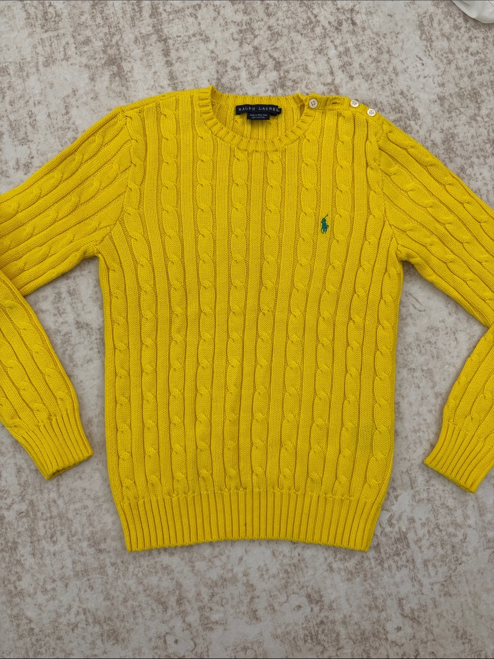 Ralph Lauren Women’s Bright Yellow Cable-Knit Crewneck Sweater. 100% Cotton